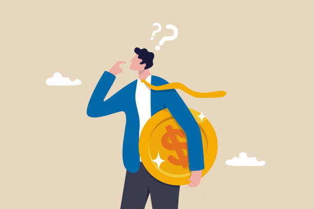 stockillustraties, clipart, cartoons en iconen met money question, where to invest, pay off debt or invest to earn profit, financial choice or alternative to make decision concept, businessman investor holding money coin thinking about investment. - beslissingen illustraties