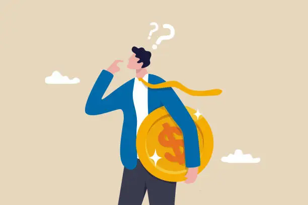 Vector illustration of Money question, where to invest, pay off debt or invest to earn profit, financial choice or alternative to make decision concept, businessman investor holding money coin thinking about investment.