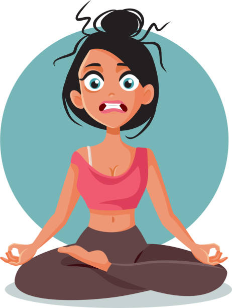 Stressed Woman Trying to Relax and Exercise Vector Illustration Girl practicing yoga trying to relief her stress and anxiety woman with crazy hair stock illustrations