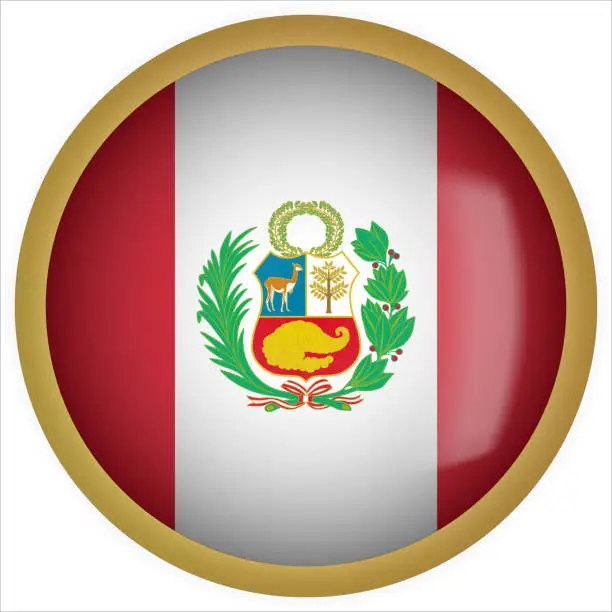 Vector illustration of Peru 3D rounded Flag Button Icon with Gold Frame