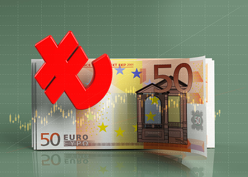 Red-colored Turkish lira symbol and European Union fifty euro banknote. On green-colored finance graph background. Horizontal composition with copy space.