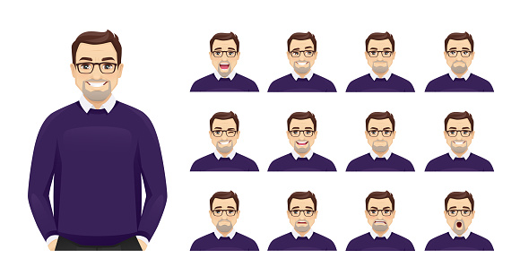 Mature business man with different facial expressions set vector illustration isolated