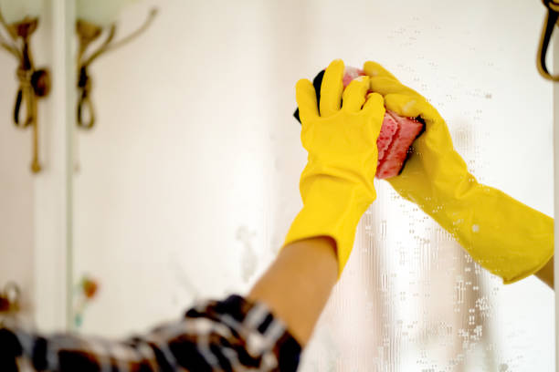istock Young woman is washing mirror in the bathrom. 1362859253
