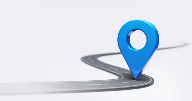 Photo of Blue location 3d icon of traffic street route map symbol or navigation gps pin point marker and global position system destination address sign isolated on white background with asphalt road pointer.