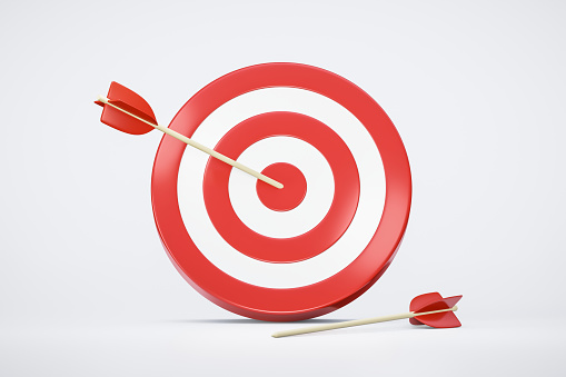 Red arrow aim to business target goal hit success center accuracy competition symbol or strategy dartboard and winner bullseye archery isolated on white 3d background icon with marketing achievement.