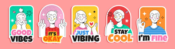 Positive stickers with people Hand drawn flat design trendy cartoon badges and labels with funny people. hand ok sign stock illustrations