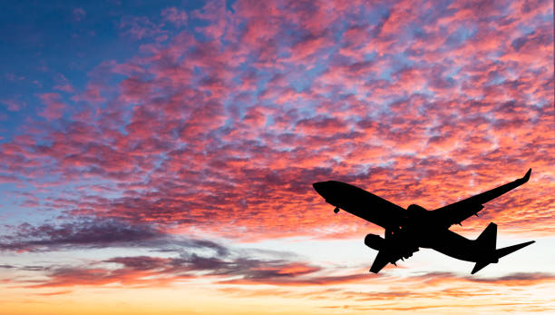 istock The silhouette of a passenger plane flying at sunset 1362863044