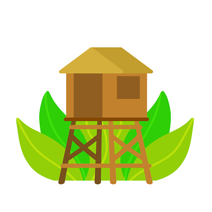 Bungalow. Tropical hut on poles. Exotic southern wooden house. Flat cartoon illustration