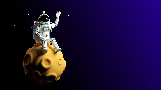Astronaut sitting on the moon. Spaceman on planet with craters waves his hand. 3d cartoon illustration.