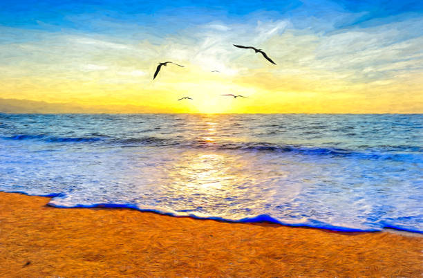 istock Divine Sunset Ocean Bird Illustration 1362866316