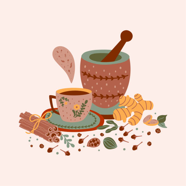 illustrations, cliparts, dessins animés et icônes de illustration de thé épicé. imprimé tea party épicé aromatisé chaud. cannelle de dessin animé, gingembre, papier noir, cardamone, clou de girofle. tasse mortier, pilon masala thé vecteur carte chai thé imprimé. - cardamom cinnamon mortar and pestle herb