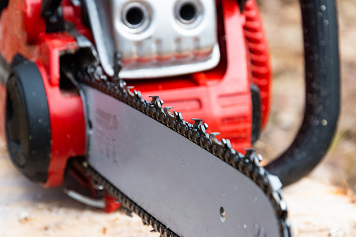 Hand gasoline chainsaw. Working tool for trimming trees.