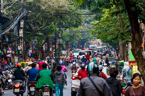 Hanoi, Bac Bo, Vietnam - November 26, 2019: The crazy Traffic of Hanoi in Vietnam