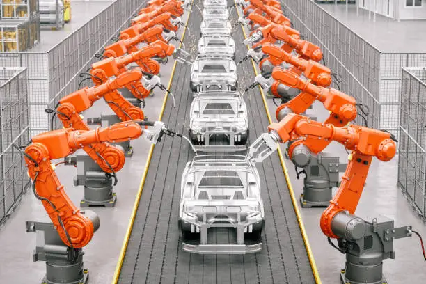 High angle view of industrial welding robots at the automated car manufacturing factory assembly line.