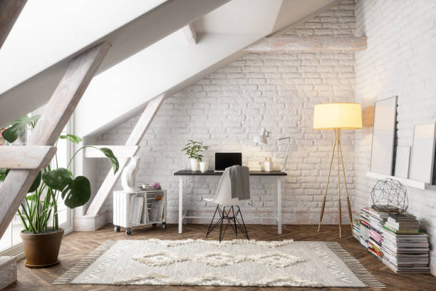 skandinavischer stil dachboden modernes home office interieur - desk nobody color image day stock-fotos und bilder