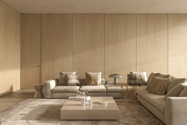 istock Luxury modern japandi style interior design livingroom. Large sofa with pillows. Lighting and sunny apartment. Mockup wall 3d render illustration. 1362872345
