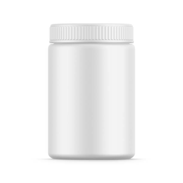 plastic jar bottle mockup template on isolated white background, ready for design presentation, 3d illustration - pill bottle fotos imagens e fotografias de stock