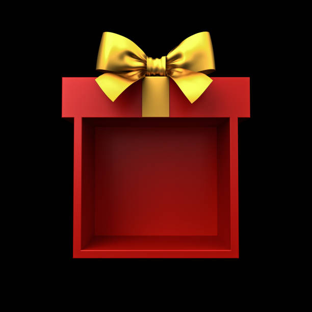 istock Exhibition booth display showcase or blank red gift box stand with gold ribbon bow isolated on black background minimal conceptual 3D rendering 1362875564
