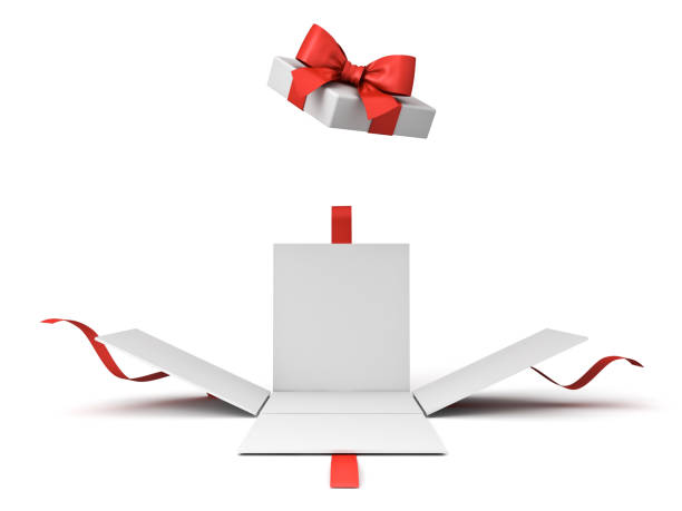 Open gift box or present box with red ribbon bow isolated on white background with shadow 3D rendering stock photo