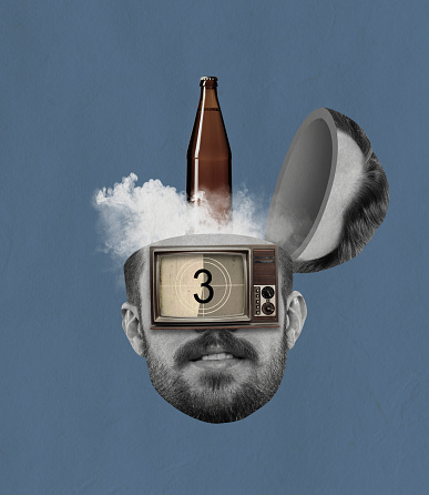 Retro look. Male head with vintage tv set instead eyes. Modern design, contemporary art collage. Inspiration, idea, trendy urban magazine style, fashion and creativity. Copy space for ad. Surrealism.