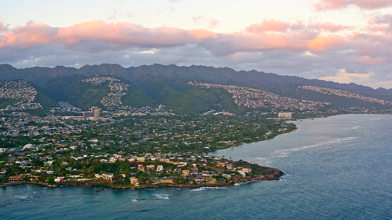 Aerial view of suburban residential districts with mountain range, Hawaii Islands, USA.