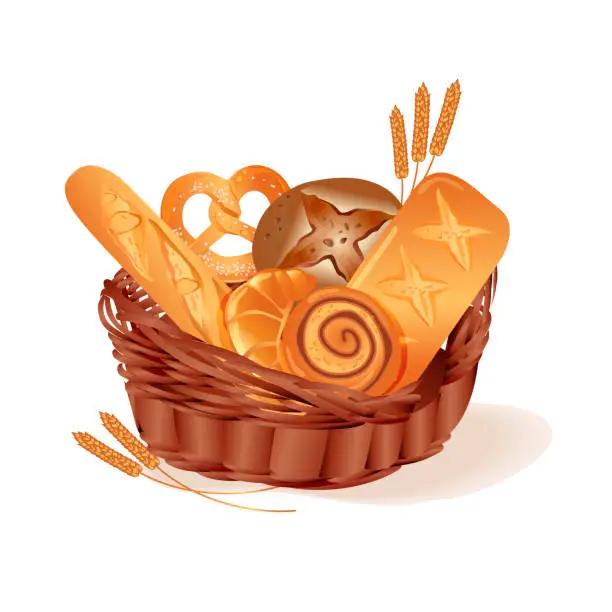 Vector illustration of A wicker basket with bread. Pretzels, buns, baguette, ciabatta, croissant. Fresh bread from the bakery. Vector illustration on a white background.