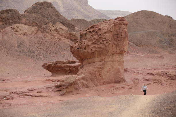 istock Woman  walking between mountain rocks in desert 1362882363