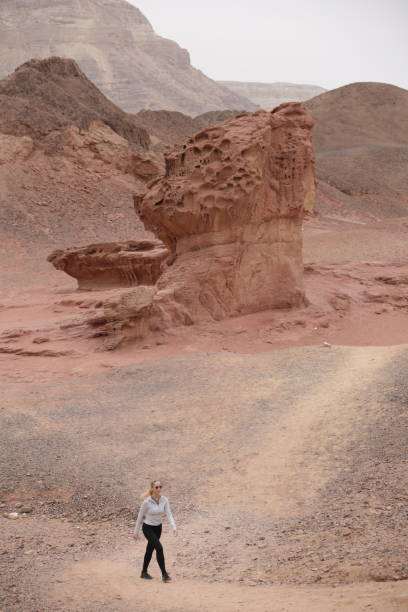 istock Woman walking in front rock formation in red desert 1362882436