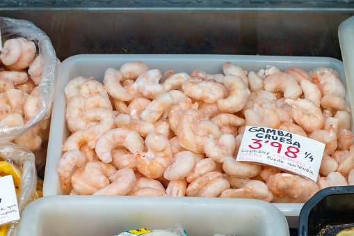 fresh raw shrimp on colander with ice