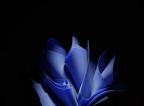 3d render, abstract geometric background with blue layered fabric, folded in shape flower, fashion wallpaper with layers and folds, minimal design isolated on dark black backdrop, multilayer effect.