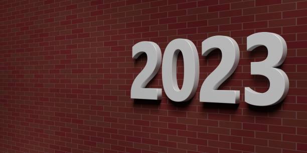 istock 2023 New Year, number on brick wall background, copy space, greeting card template. 3d illustration 1362884852