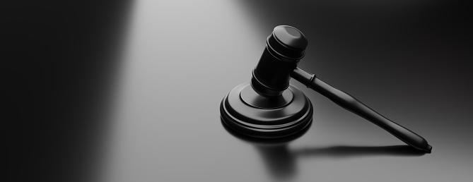 Judge gavel on black background. Auction hammer, legal case or lawyer symbol, law and justice concept, 3d illustration