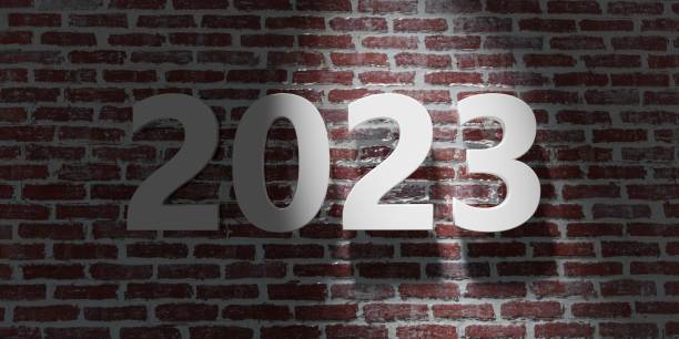 istock 2023 New Year. White digit on red brick wall background. Number on building facade. 3d illustration 1362884867