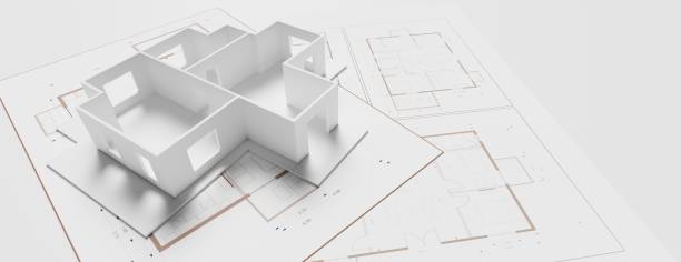 conception d’architecture, modèle de bâtiment résidentiel sur plan directeur, illustration 3d - maquette darchitecture photos et images de collection