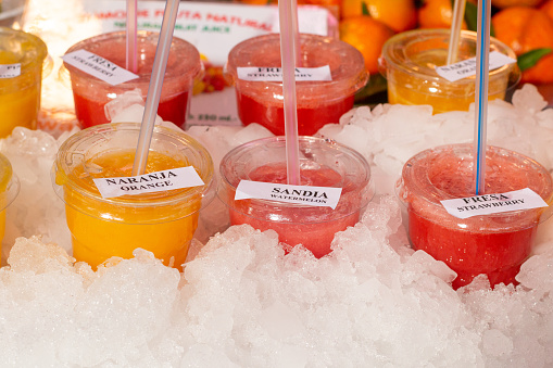 Fruit Juice on Dry Ice in Mercado Central (Central Market) in Valencia, Spain
