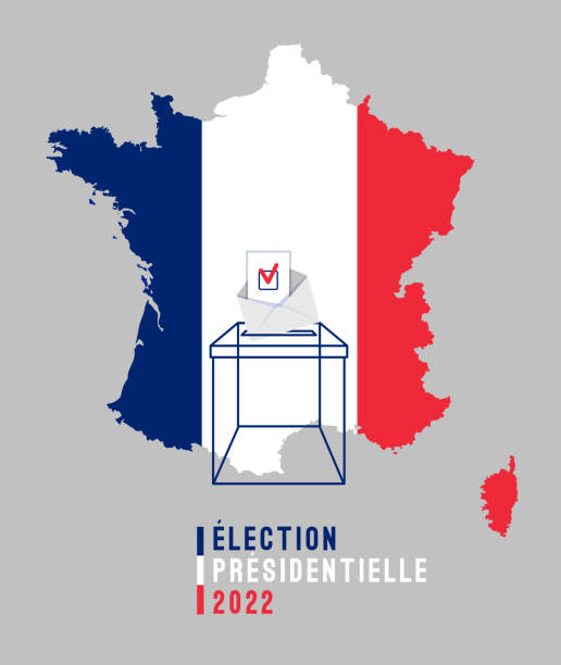 2022 France Presidential election poster French presidential election 2022  banner with ballot box, bulletin, choice mark, France map at national flag colors background. Translation from French language: Presidential election. Vector poster presidential election stock illustrations