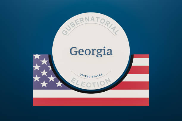 US State Georgia gubernatorial election banner half framed with the flag of the United States on a block. Background, blue, election concept and 3d illustration. US states graphic concept, 3D illustration georgia us state photos stock pictures, royalty-free photos & images