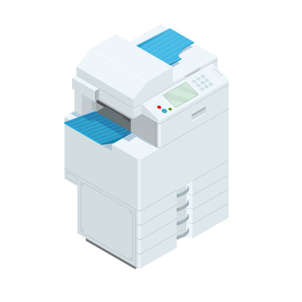 ilustrações, clipart, desenhos animados e ícones de impressora de escritório multifuncional isométrica. scanner de impressora multifunção profissional do office - inkjet