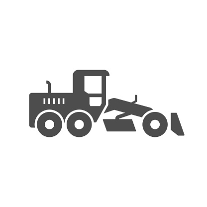 Road scraper or grader glyph icon isolated on white. Vector illustration