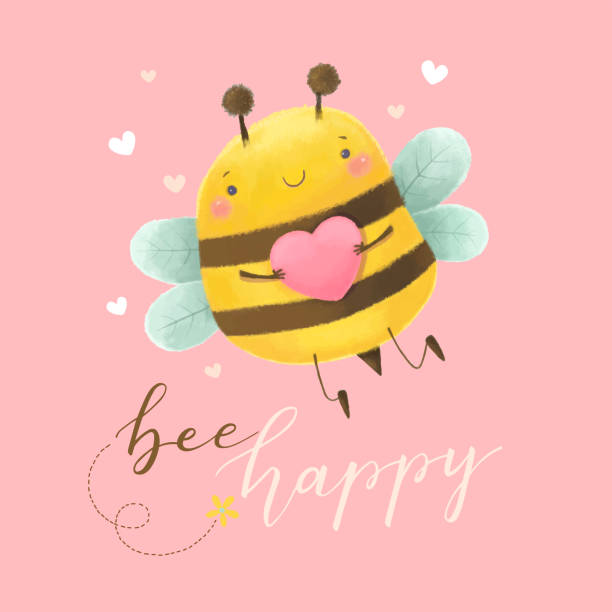 ilustrações de stock, clip art, desenhos animados e ícones de cute bee holding pink heart with quote bee happy on pink background. valentines day card. - gossip couple love concepts
