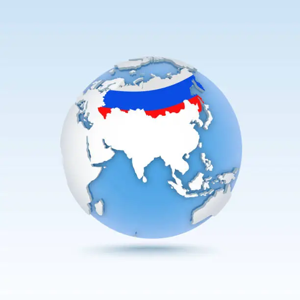 Vector illustration of Russian Federation - country map and flag located on globe, world map.