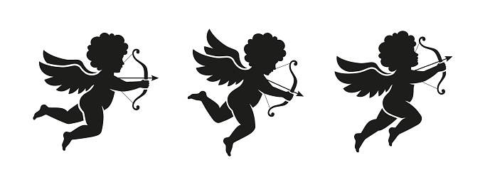 Three cute little cupid silhouettes. Valentine's Day symbol. Love icon.
