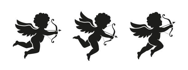 Three cute little cupid silhouettes. Three cute little cupid silhouettes. Valentine's Day symbol. Love icon. cupid stock illustrations