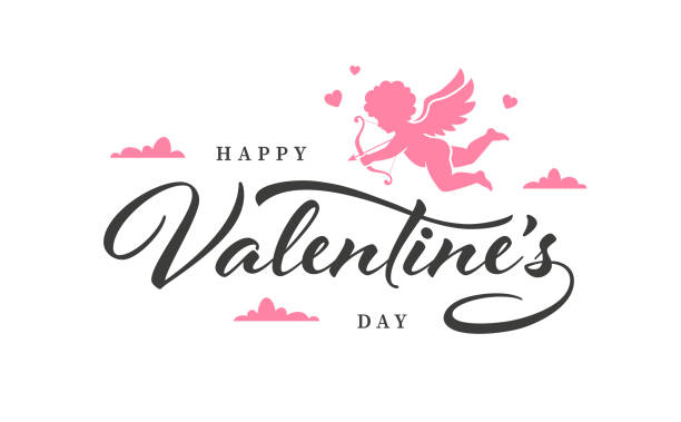 Valentine's Day greeting card with cupid. Valentine's Day greeting card design with text and cupid silhouette. Vector illustration and lettering cupid stock illustrations