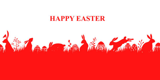 ilustrações de stock, clip art, desenhos animados e ícones de easter banner with bunnies and eggs on the lawn - easter eggs red