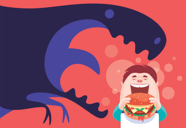 dzieciak jedzący hamburgera obok dinozaura - overweight child eating hamburger stock illustrations