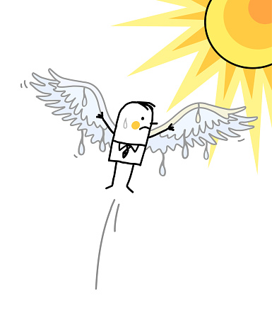 Hand drawn Cartoon Icarus burning his Wings with the Sun