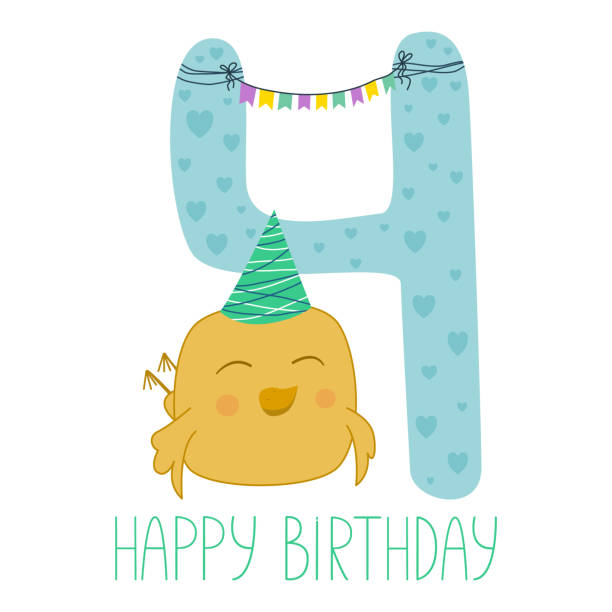 Four years. Happy birthday baby card in cartoon style. Printable number 4 birthday greeting card template. Cartoon chicken in a cap Four years. Happy birthday baby card in cartoon style. Printable number 4 birthday greeting card template. Cartoon chicken birthday and invitation card animal background with chicken stock illustrations