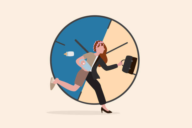 berufstätige mutter oder mutter work-life-balance, erziehungsperson oder familienverantwortungskonzept, vielbeschäftigte geschäftsfrau mit baby in der einen hand zu hause und arbeitsaktentasche in der anderen hand mit stechuhr. - berufstätige mutter stock-grafiken, -clipart, -cartoons und -symbole