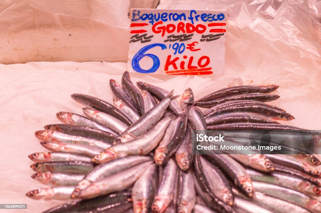 Anchovies in Fish Market at Mercado Central (Central Market) in Valencia, Spain Anchovy Stock Photo